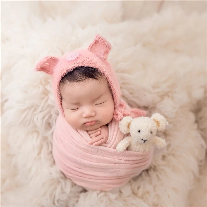 

Pink Teddy Bear Stuffed Animal Bonnet Photography Props Newborn Tiny Boy Hat Toy set Knitted Baby boy Toy Photo Props