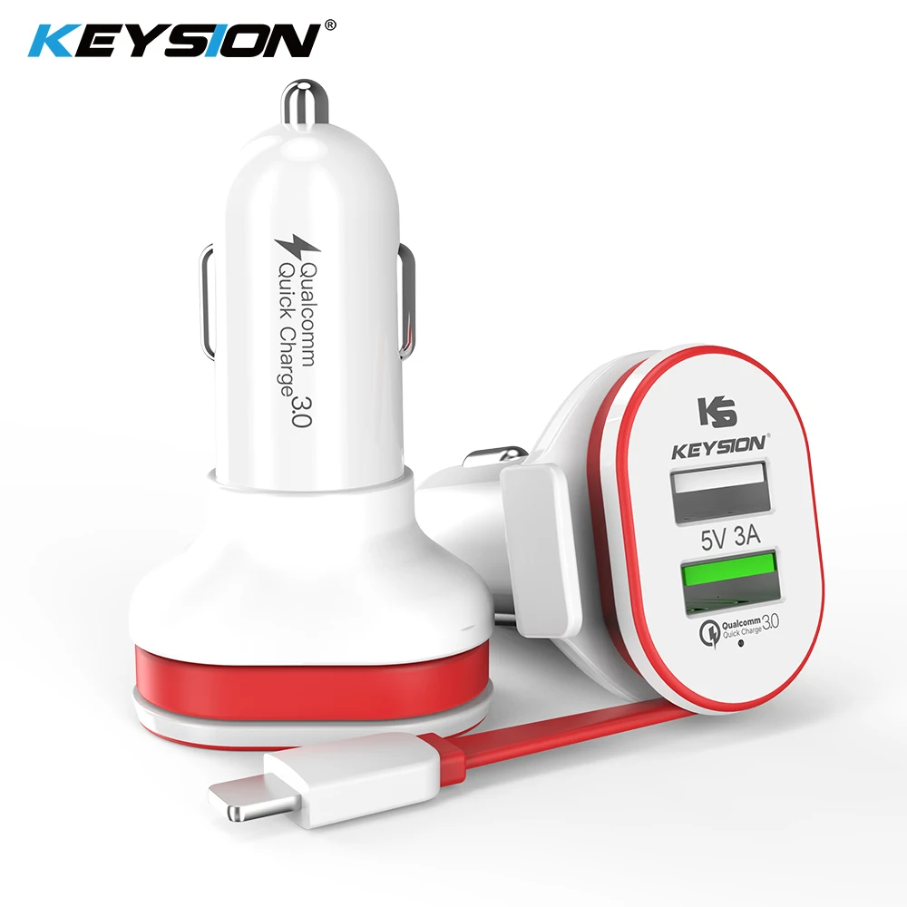 KEYSION 2 Port 33W Quick Charge 3.0 Car Charger QC 3.0+5V/3A USB Fast Charger Mobile Phone Travel Adapter car-charge With Cable