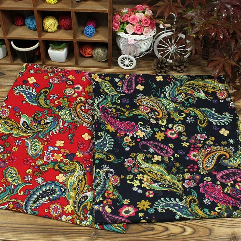 cotton and linen ethnic red dark blue Paisley Pattern floral textile for DIY handwork tablecloth curtains blouse dress fabrics