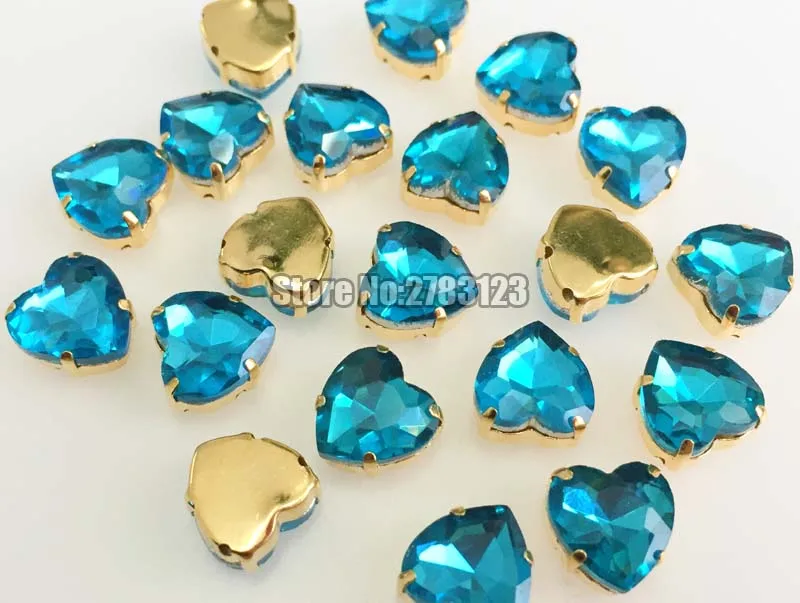 Gold bottom lake blue heart shape AAA Glass Crystal sew on claw stones,flatback loose rhinestones Free shipping