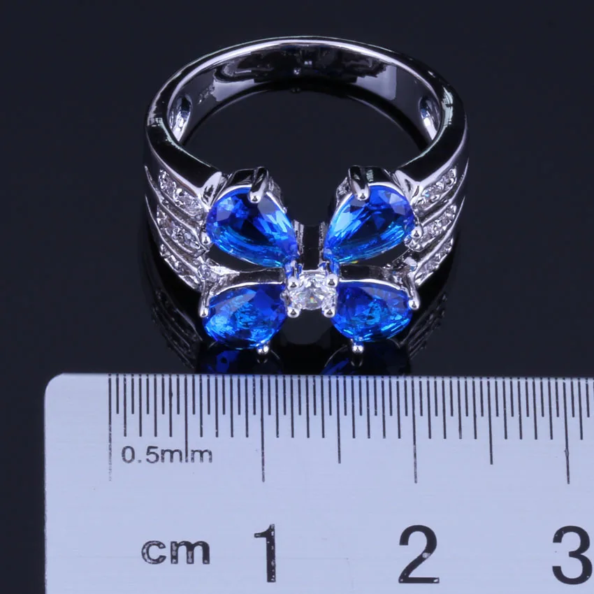 Enchanting Flower Blue Cubic Zirconia White CZ Silver Plated Ring V0428