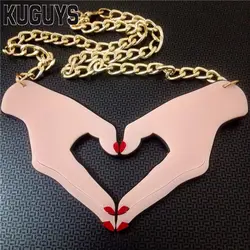 KUGUYS Fashion Jewelry Women Acrylic Hand Finger Heart Large Pendant Necklace Sweater Link Chain HipHop Rock Necklaces