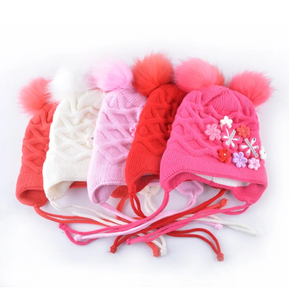 Winter Hat Scarf Set For Kids Lovely Pompoms Knitted Beanie Baby Girls Thick Knit Butterfly Flowers Ears Flap Cap Sets Children