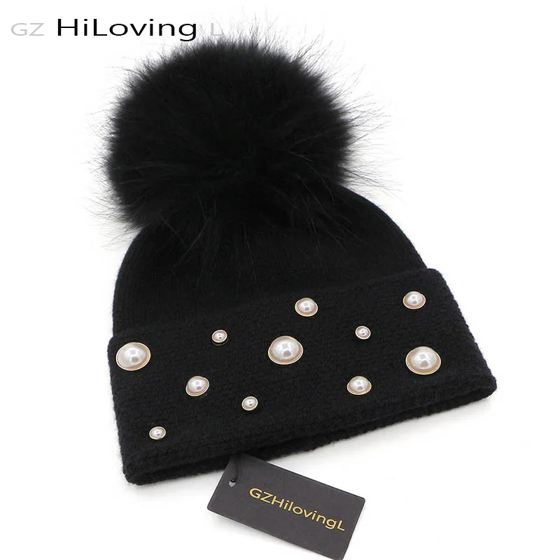 GZHilovingL New Women Winter Hat With Pompom Pearl Hat For Women Girls Soft Winter Wool Beanie Knitted Hat Fur Ball Skullies Cap