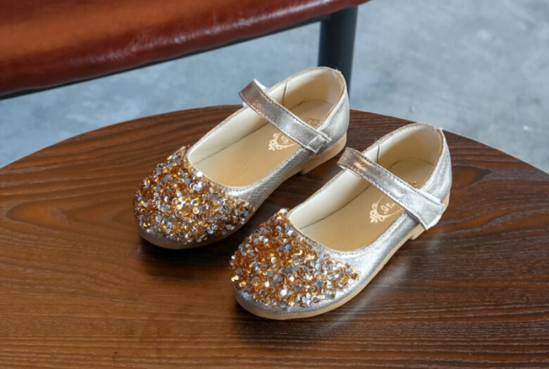 Acorha-zapatos de baile con diamantes de imitación para niña, sandalias de lentejuelas de PU para boda, zapatos de princesa para niña, tres colores