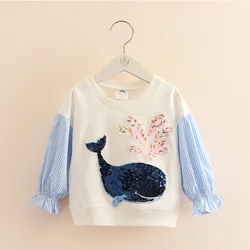 2023 Spring Autumn 2 3 4 5 6 7 8 10 Years O-Neck Long Sleeve Glitter Cartoon Dolphin Color Patchwork Baby Kids Girls Sweatshirt