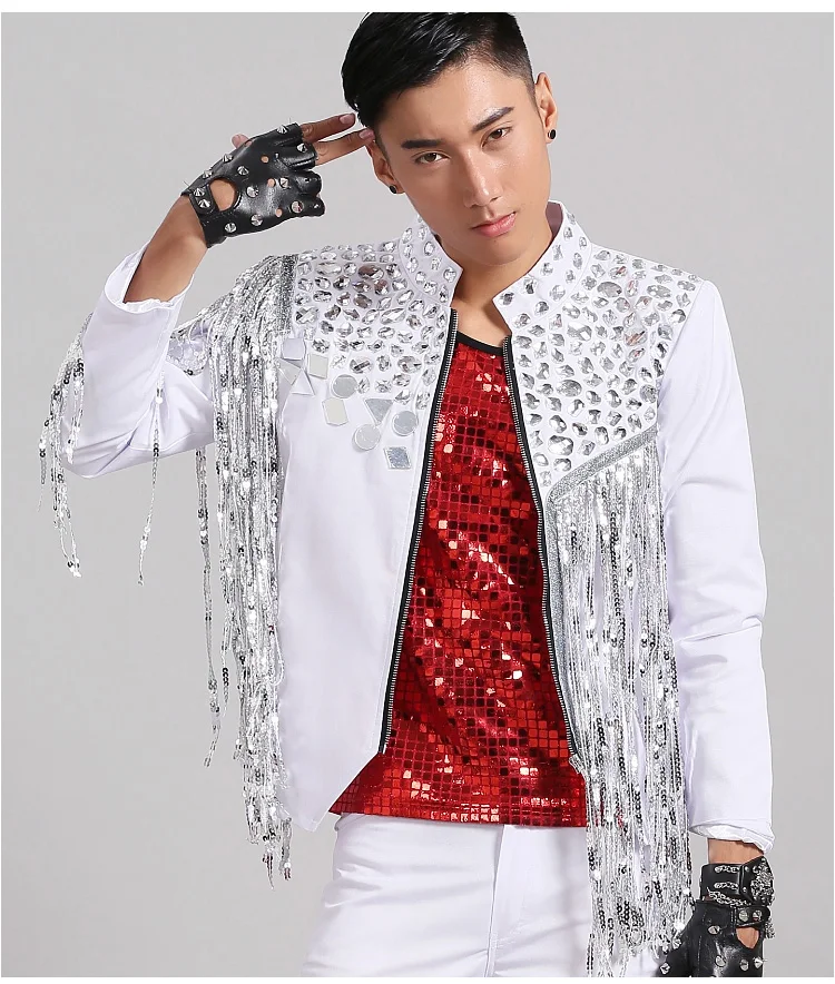 Nightclub Men Singer Rock Punk White Sequin Tassel Jacket Stage Costume Zipper Bar Vocal Concert Jazz Dancer Performance Clothes