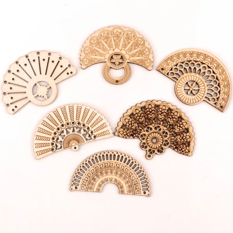 Handmade Wooden Crafts Home Decoration Scrapbooks Jewelry Make Earrings DIY Mix Chinese Style Retro Fan Wood Ornaments 65mm 6pcs