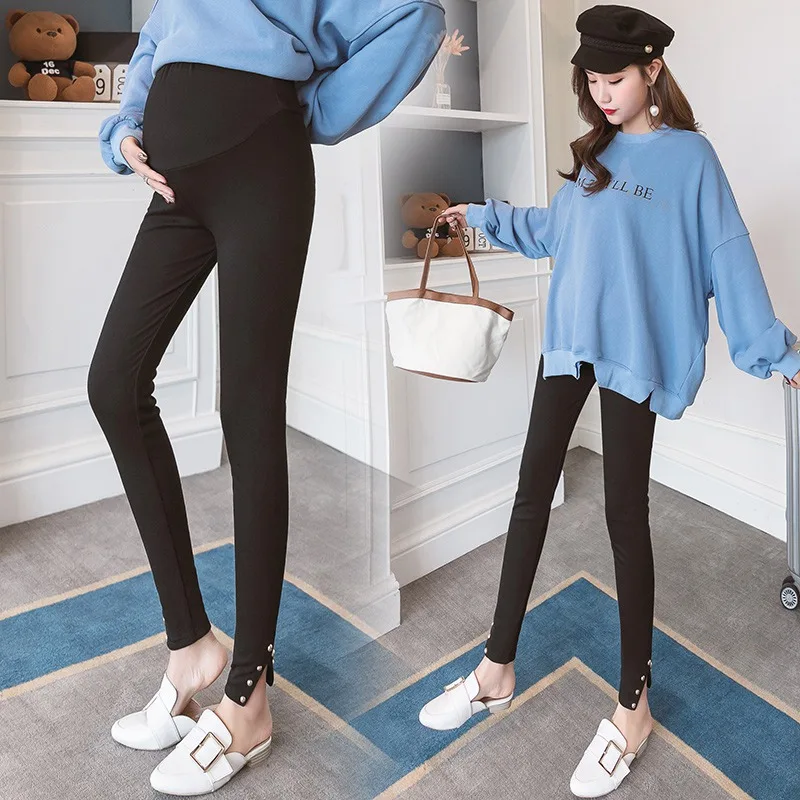 

2019 spring new pregnant women cotton beaded leggings stretch Slim split feet pants pregnancy pants