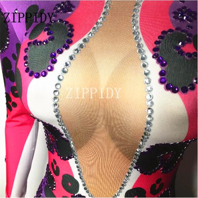 Sexy Purple Leopard Rhinestones Long Sleeves Jumpsuit Stage Performance Dj Singer Dancer Wear One-Piece Stretch Outfit Costume