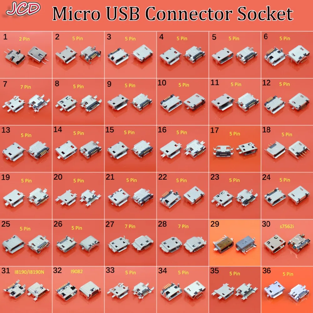 JCD New 36 model Mini micro usb connector jack charging socket female V8 Port plug 2 Pin 5Pin 7 Pin for Samsung phone tablet pc