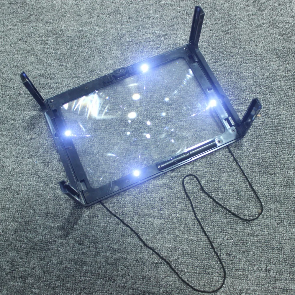 A4 Full Page Large 3X Giant Hands Free Desk Foldable Magnifying Glass Magnifier for Reading Sewing Knitting With 4 LED Light U