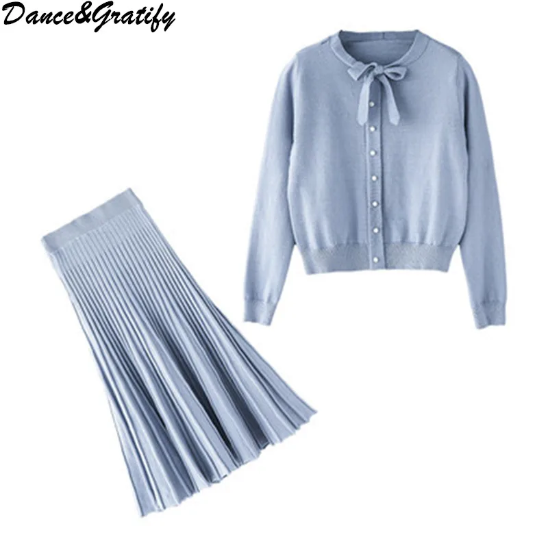 Fashion Sweet Girl 2 / Two Pieces Sets Elegant Slim Bow Collar Knitted Sweater Tops + Pleated Skirt Suit For Women Clothing