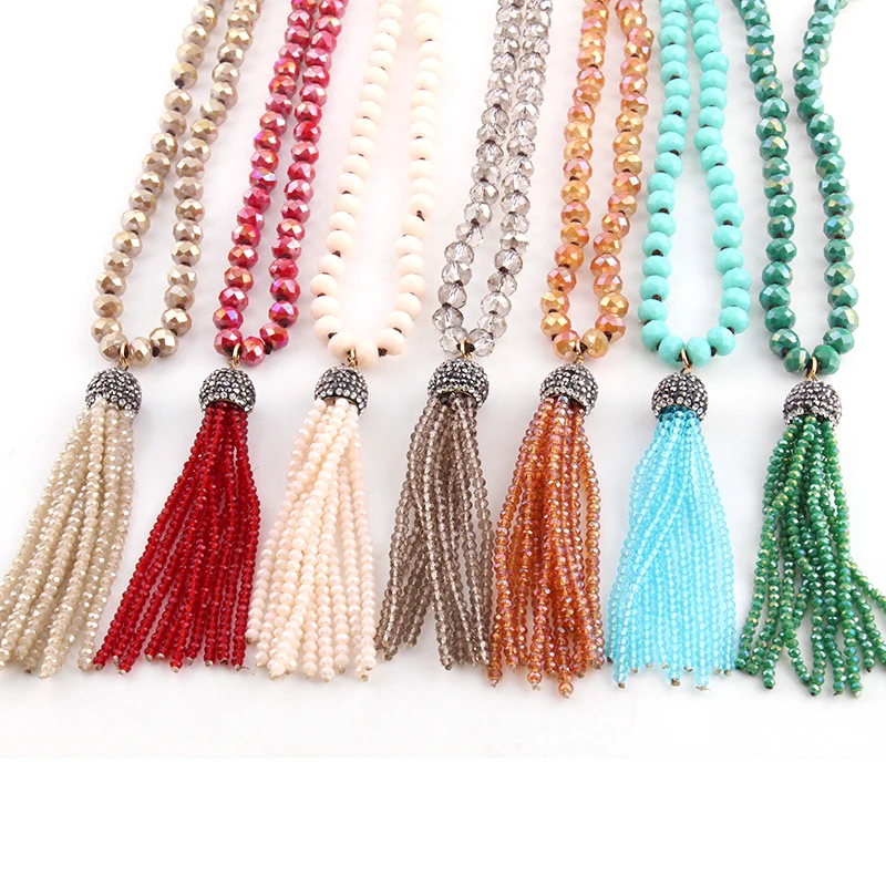 Fashion Knotted Glass Crystal Beads Ethnic Necklace Bohemian Tribal Jewelry Crystal Tassel Halsband For Women Bead Neck