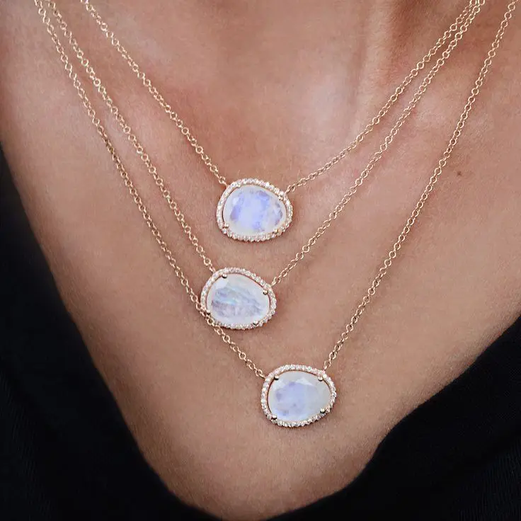 fashion jewelry asymmetry stone moonstones gold color elegance stunning european women hot design delicate chain stone necklace