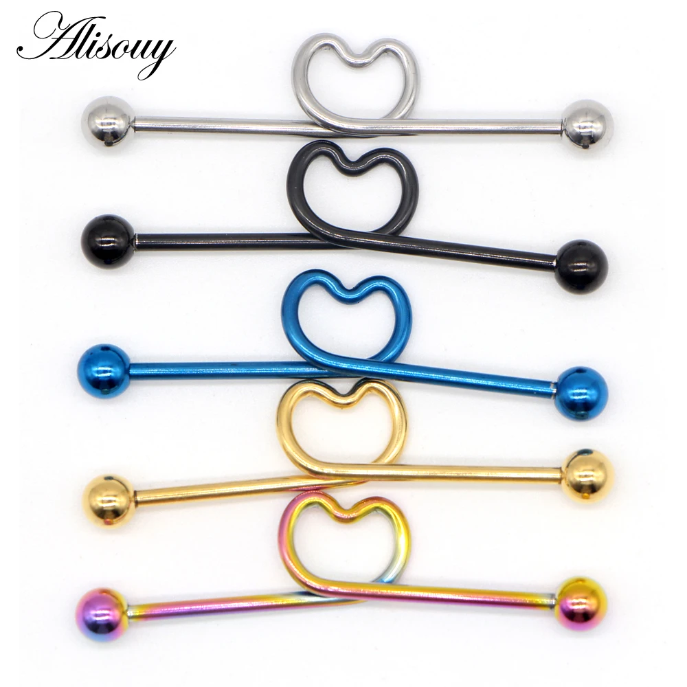 Alisouy 1piece 5 color Surgical Stainless Steel 1.6*38*5/5mm Love heart Long Industrial Barbells Heart Ear Body Piercing Jewelry