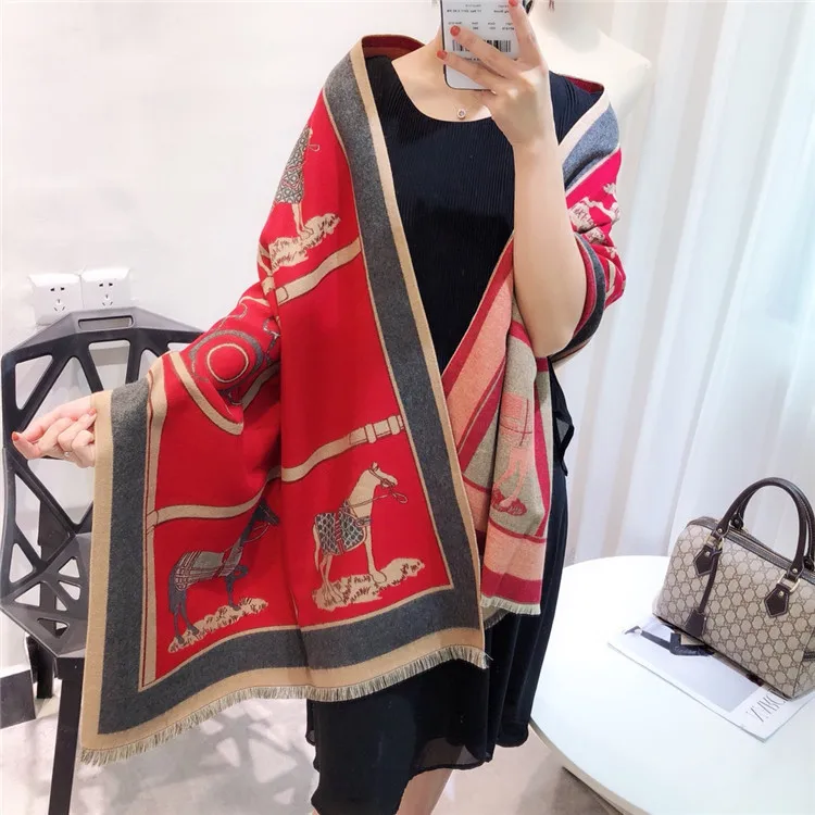 Winter New Carriage Scarf Warm Shawl Thicken Tassels Horse cashmere-like fashion show poncho cape womens pashmina luxury brand