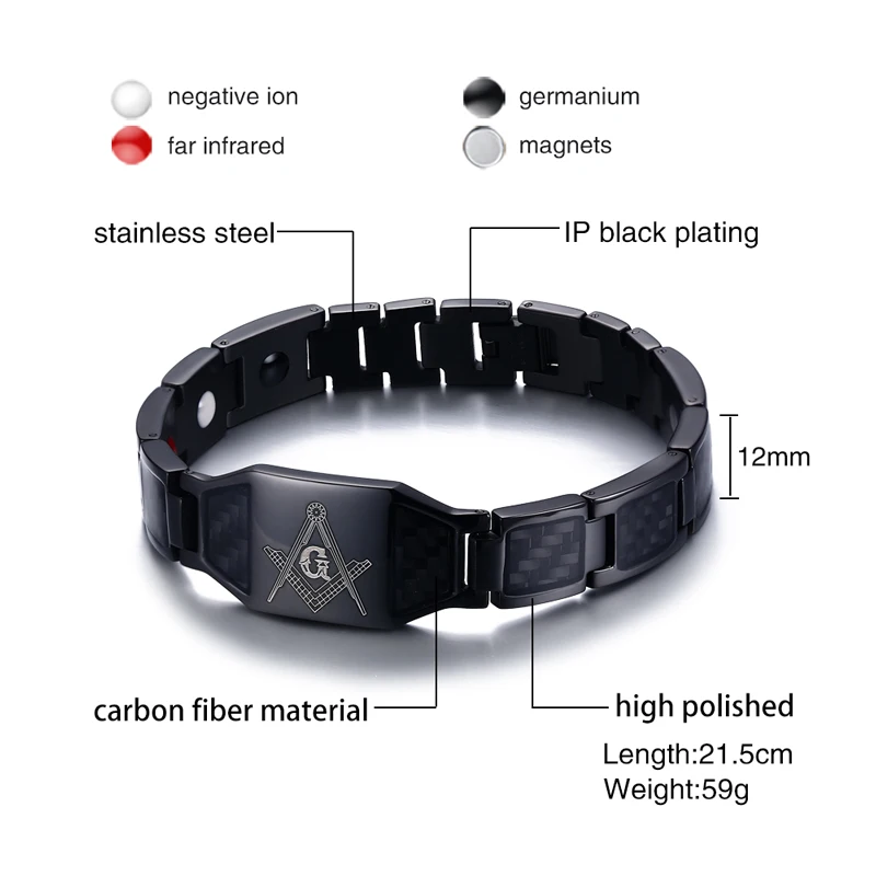 Free Custom Man Bracelet, Black Stainless Steel Mens Bracelet with Carbon Fiber Inlay Masonic Logo Fashion Jewelry