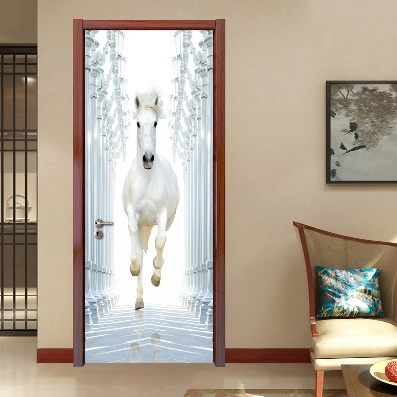 

Modern Creative 3D Stereoscopic Space White Horse Door Sticker DIY PVC Self-adhesive Door Wallpaper Wall Decals Mural De Parede