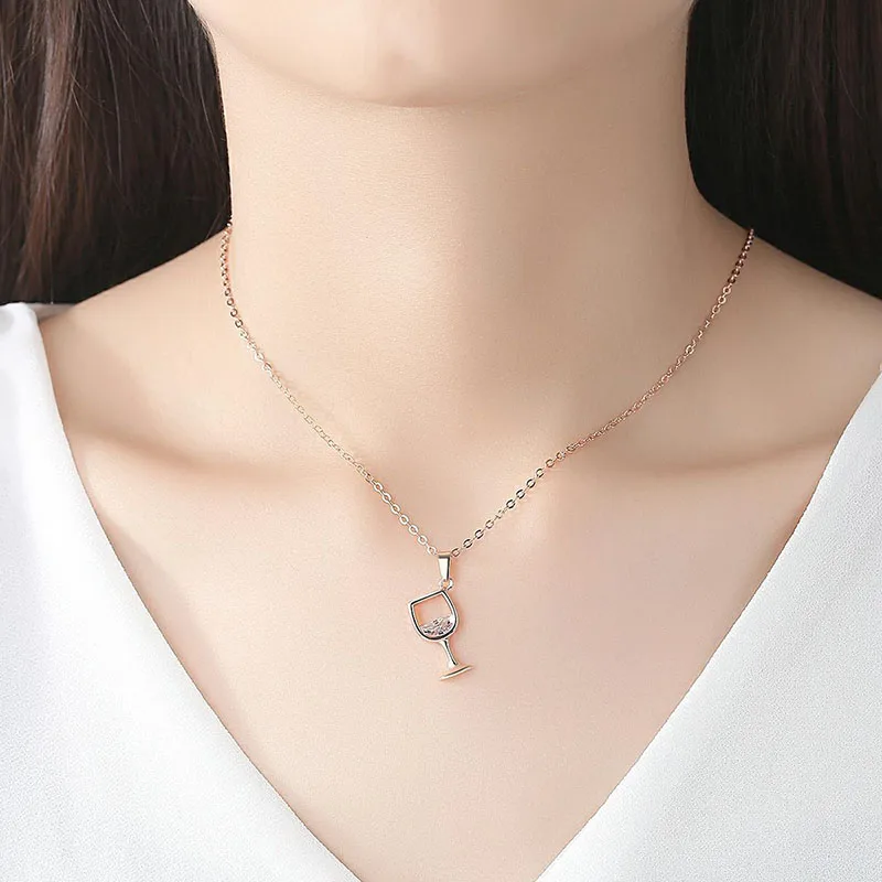 Gold Color Creative Wine Glass Pendant Necklace Zircon Crystal Wine Cup Pendants Women Chokers Clavicle Chains Neck Jewelry Gift
