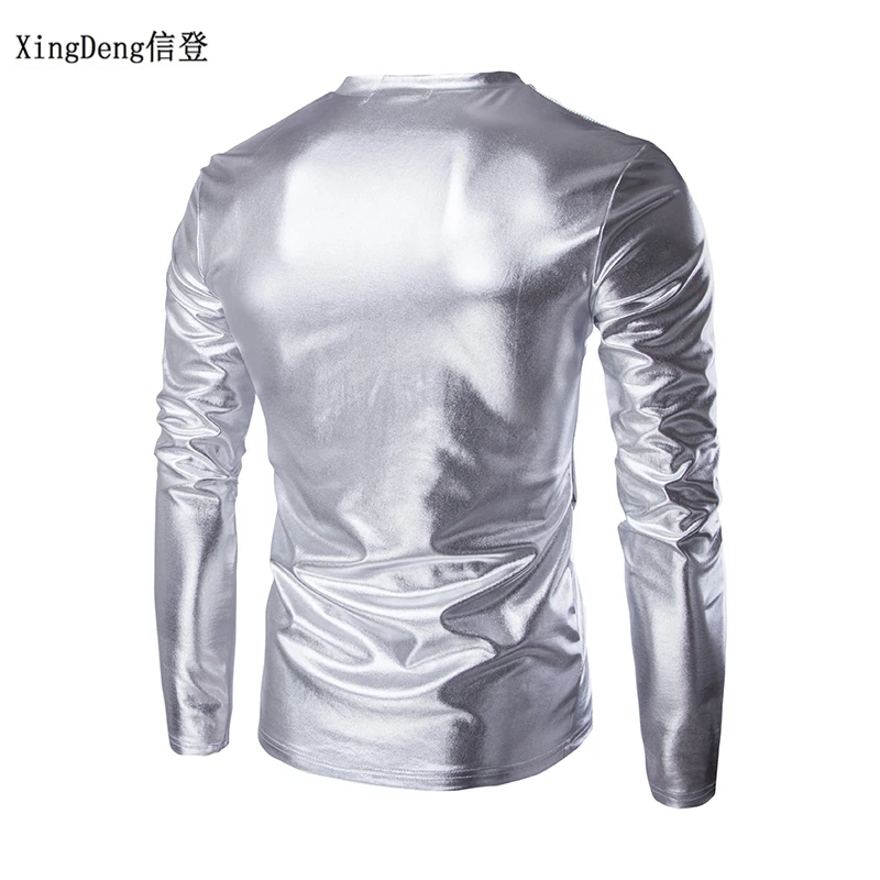 XingDeng Leather Sexy DJ Bar TOPS And Show Nightclub Clothing Men\'s Large Size Round Collar T-shirt Men Tees Spring Clothes