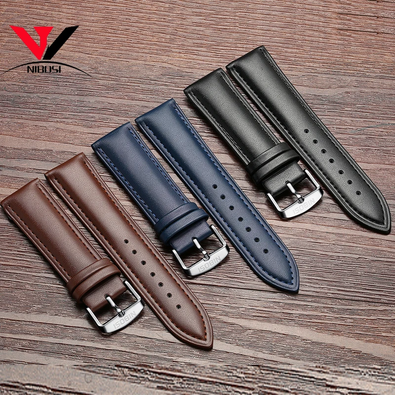 High Quality 20mm 22mm Genuine Leather Strap Watch band NIBOSI Leather Watchband With Black Blue and Brown Colors