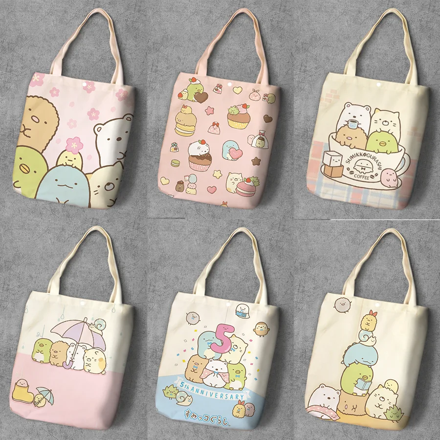 

Sumikkogurashi Cartoon Student Printed Canvas Recycle Shopping Bag Large Capacity Tote Fashion Ladies Casual Shoulder Bags