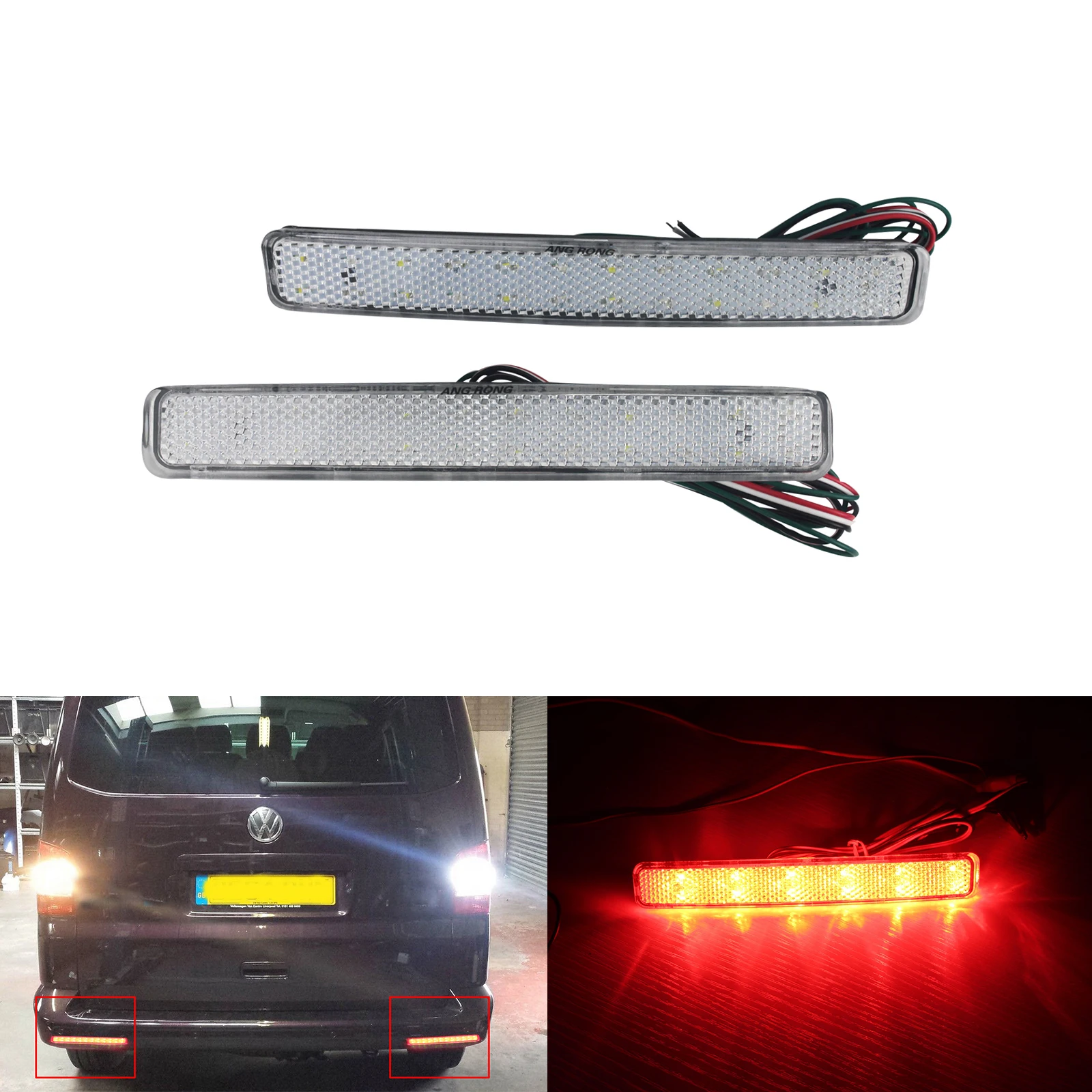 ANGRONG 2x 24 SMD LED Bumper Reflector Clear Lens Tail Reverse Brake Stop Light For VW T5