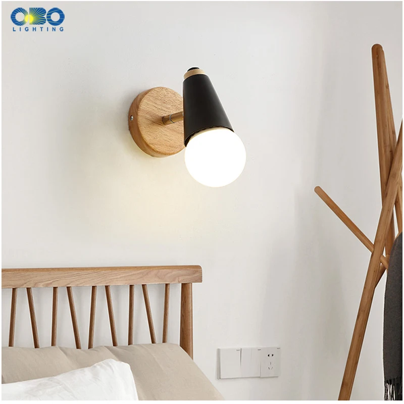 Modern Macaron Wall Lamp Iron Wood Mirror Light Bedside Bedroom Indoor Lighting E27 Light Bulb Retro LED Wall Light Nordic