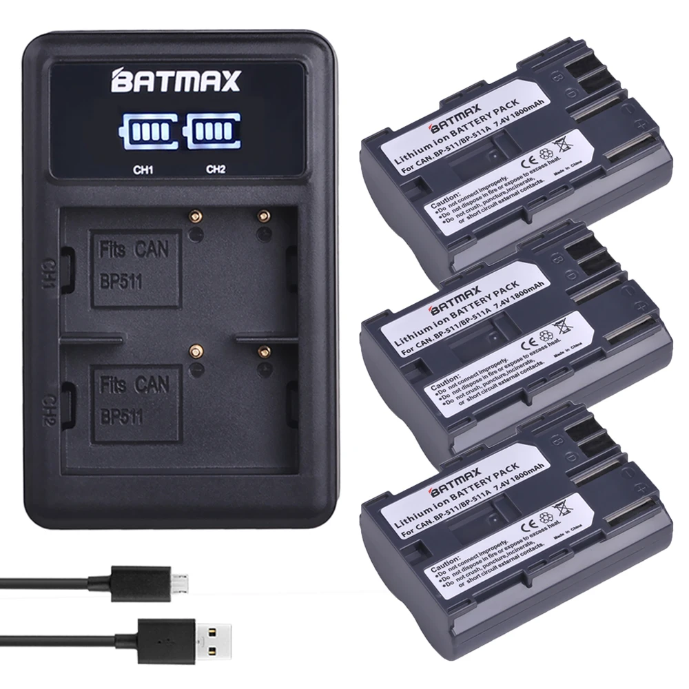 

3Pcs BP-511 BP 511 BP511 BP511A BP-511A Camera Battery + LED Dual USB Charger for Canon EOS 40D 300D 5D 20D 30D 50D Cameras