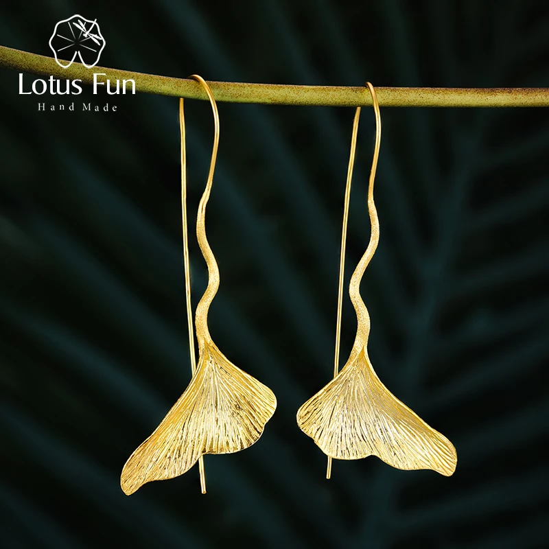 Lotus Fun Real 925 Sterling Silver Earrings Designer Fine Jewelry Vintage 18K Gold Ginkgo Leaf Drop Earrings for Women Brincos