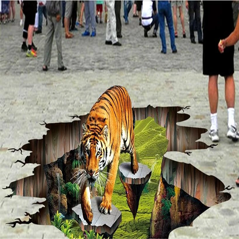 beibehang Custom photo 3d flooring mural wall sticker Tiger outdoors to draw painting pvc self adhesive wallpaper for walls 3 D