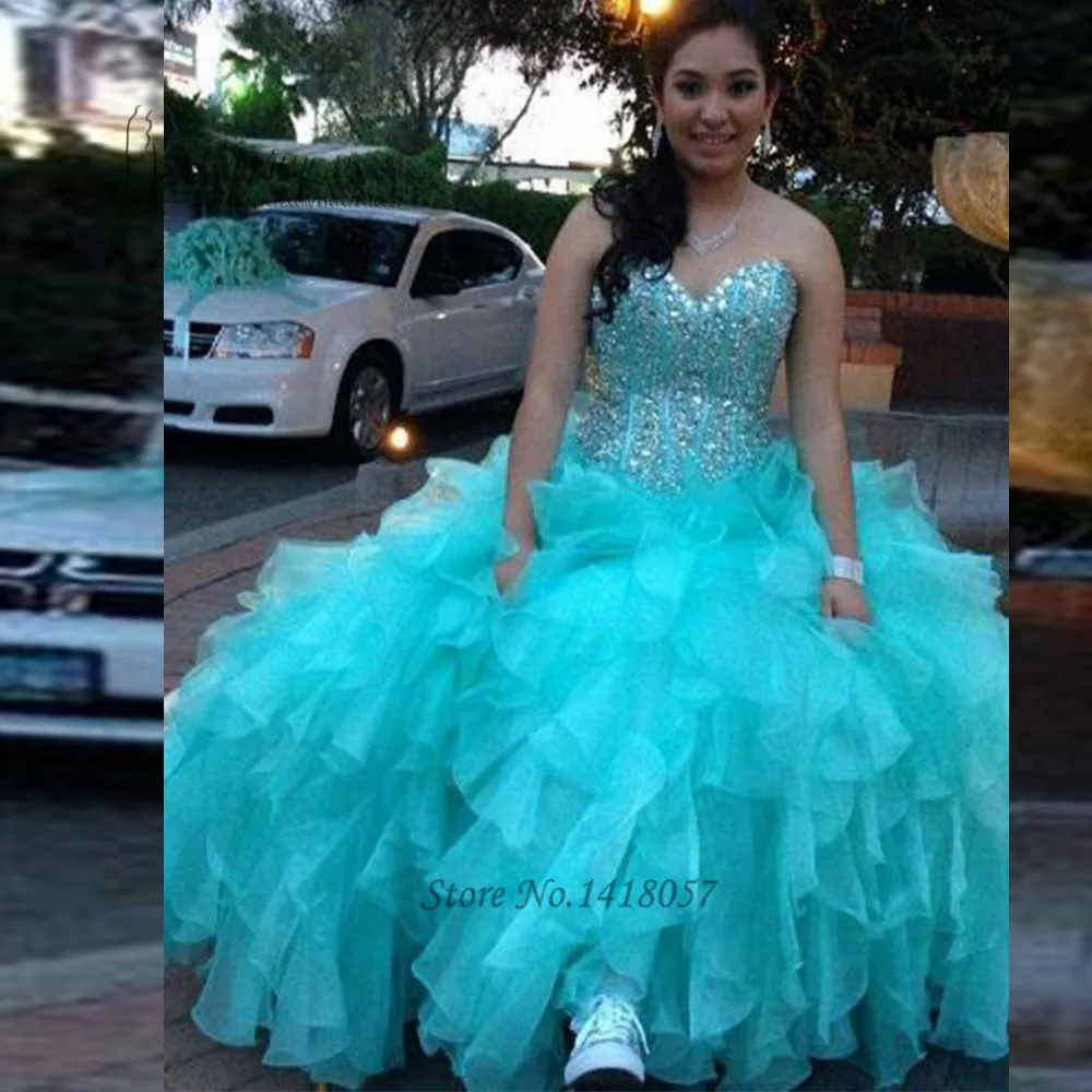 Vestidos de quinceañera turquesa de 15 años, Vestidos de Quinceañera de 16 años, Vestidos baratos de quinceañera con volantes y cristales de talla grande 2017