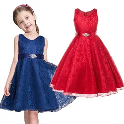 Fashion Girls Full Dress Lace Children Evening Ball Gown Girl Wedding Clothes Party Hollow Kid Formal Attire Vestidos Outfit 3-9