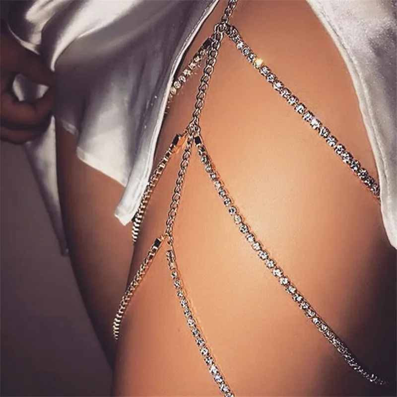 Rhinestones Leg Thigh Chain Shiny Women Sexy Body Chain Leg Thigh Harness Jewelry Beach Multi Layers Gold Color Chains