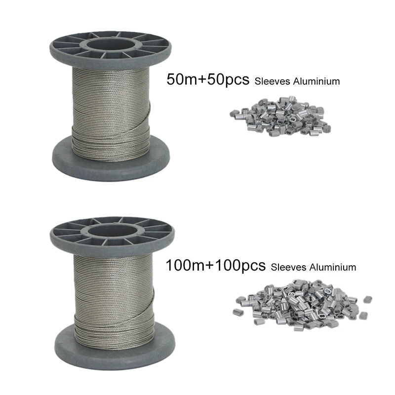 50M/100M 304 Stainless Steel Wire Rope Climbing harness Steel Cable 1.2mm,1.5mm Diameter+50/100 PCS Sleeves Aluminium