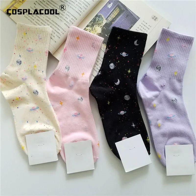 [COSPLACOOL] calcetines divertidos de hilo de punto de planeta Harajuku, calcetines creativos japoneses con estrellas y Luna, calcetines cálidos y bonitos para mujer, novedad, Sokken Meias