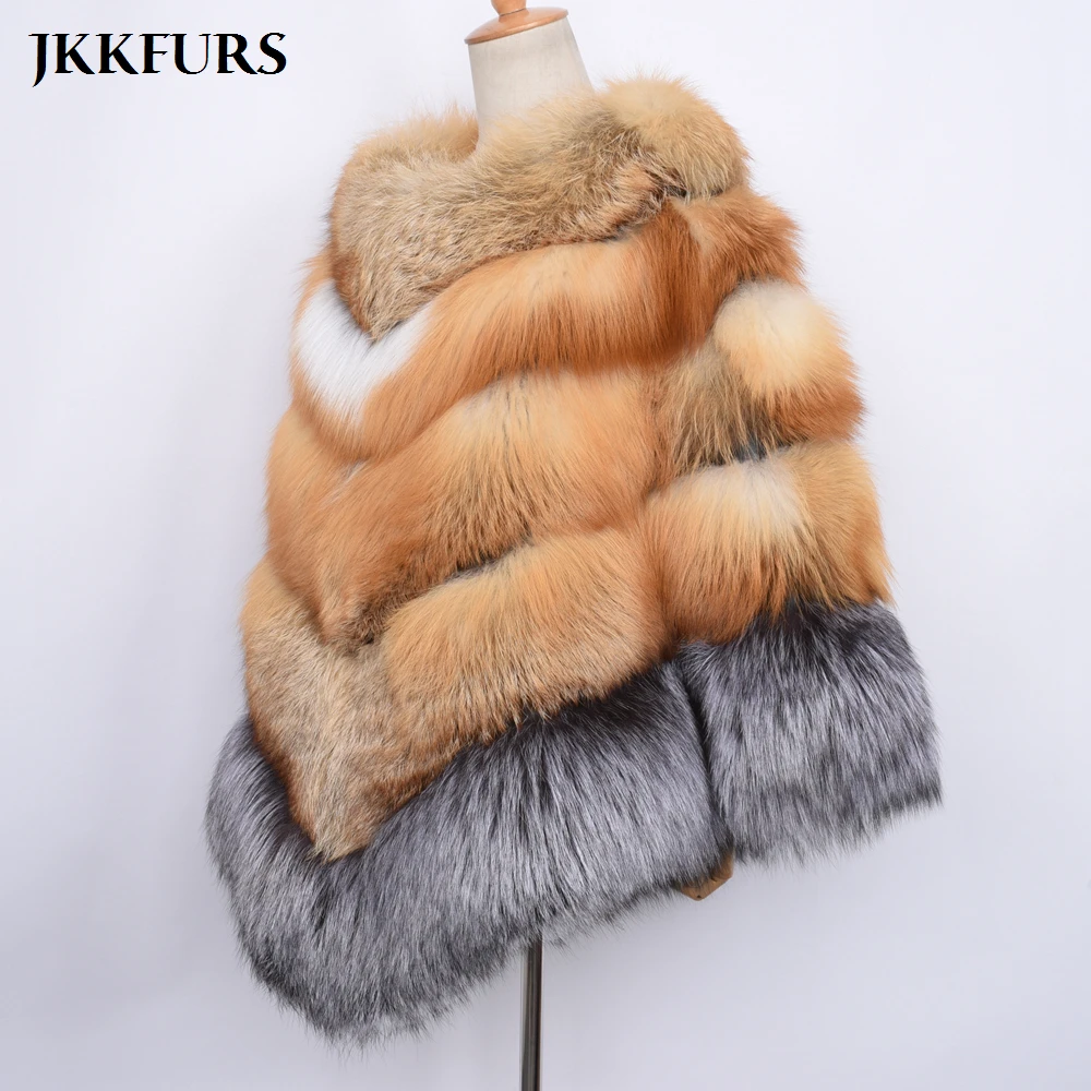 2021 New Big Genuine Fur Cape Women Thick Warm Fur Gold Real Red Fox Fur Fashion Silver Fox Shawl Luxury Style Fur Poncho S7485