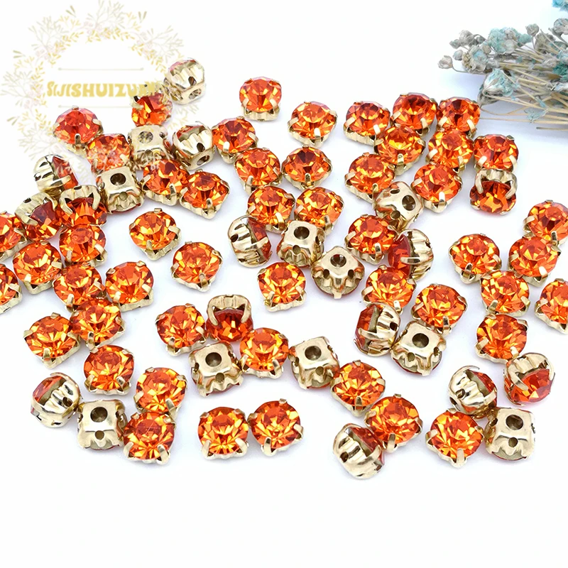 3mm 4mm 5mm 7mm 8mm Glitter Orange Red Silver Claws Sew on Round Rhinestones For Needlework DIY Glass Crystals Stones Clothes