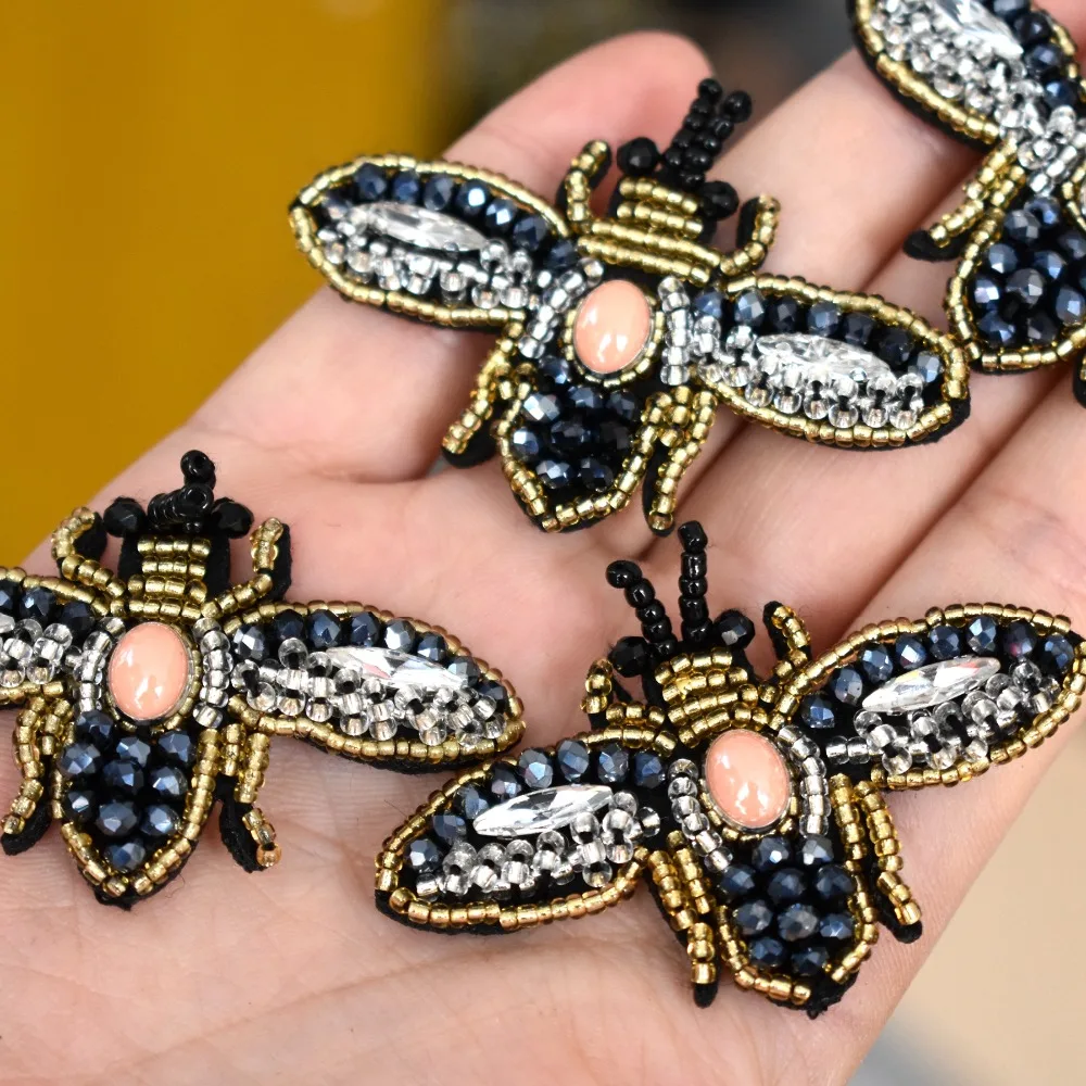 Bees sequins Rhinestones bead brooch patches applique vintage embroidered fabric sew on patch fashion clothing decoration patch