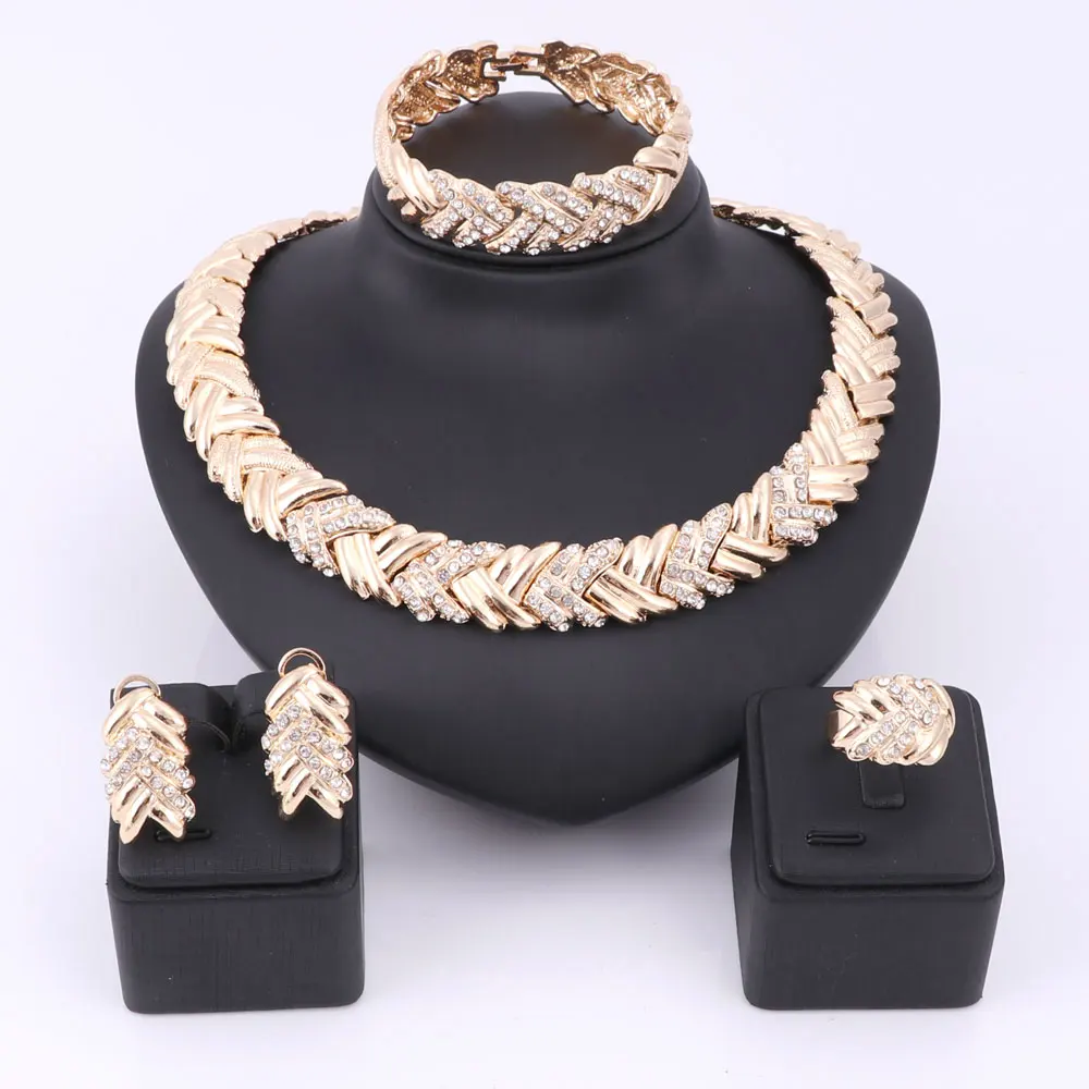 Charm Dubai Gold Color Crystal Necklace Bracelet Earring Ring Wedding Party Dress Accessories Jewelry Set