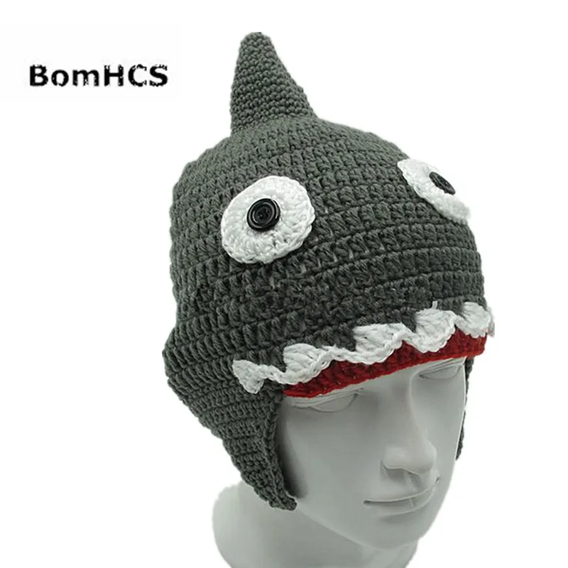 BomHCS Unisex Novelty Crochet Men\'s Shark Attack Hats Handmade Halloween Costume Gifts Party Funny Caps Beanies