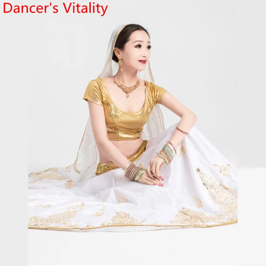 2019 New Arrival Belly Oriental Indian Dance Performance Competition Costume White Golden Set Big Hem Skirt Top Veil 3pcs Suit