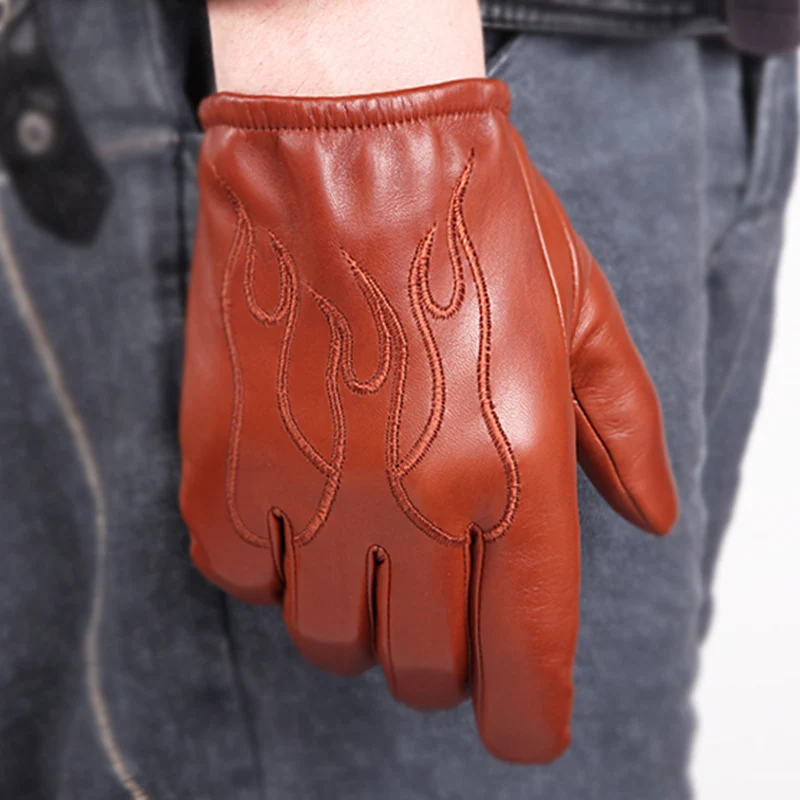 Genuine Leather Gloves Male Autumn Winter Velvet Nylon Two Lined Chosen Fashion Embroidery Man Sheepskin Gloves M050NN