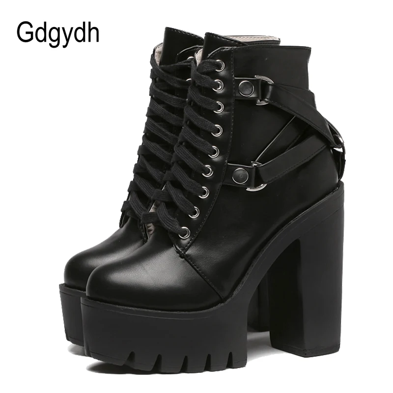 Gdgydh Fashion Black Boots Women Heel Spring Autumn Lace-up Soft Leather Platform Shoes Woman Party Ankle Boots High Heels Punk