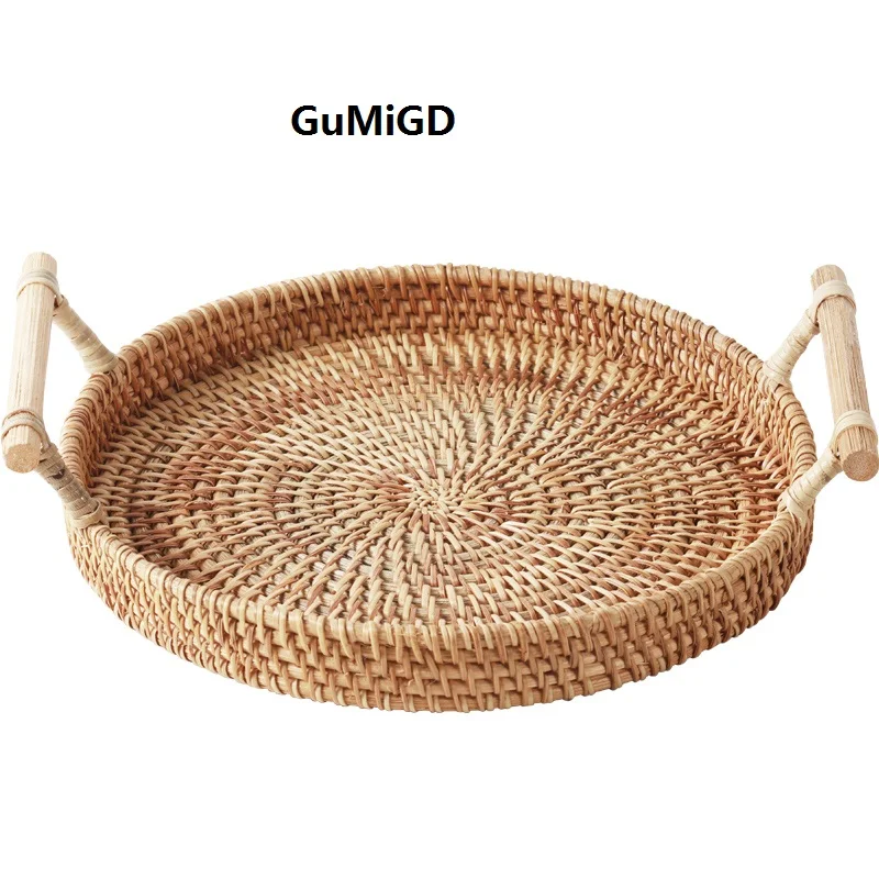 Retro manual rattan bread basket double handle circular tray fruit basket tea table snack  basket