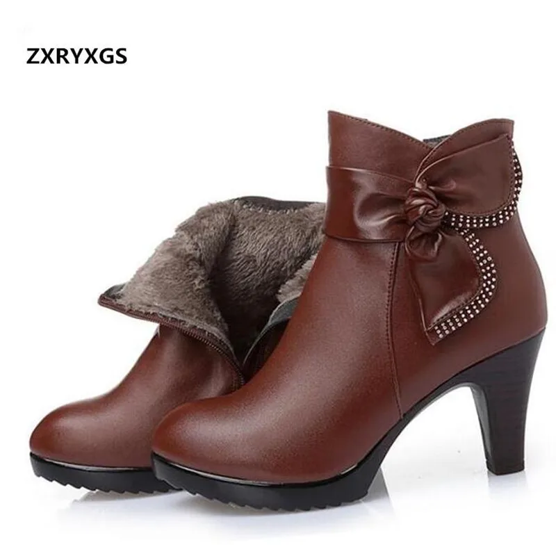 ZXRYXGS Brand Bow Women Fashion Shoes Winter Ankle Boots 2024 Warm Wool Genuine Leather Shoes Woman Snow Boots High Heel Boots