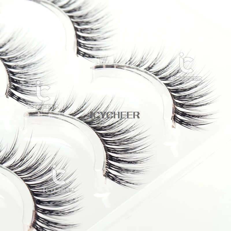 ICYContest-Faux cils noirs naturels 3D, extension de maquillage, bande transparente, 3 paires/ensemble