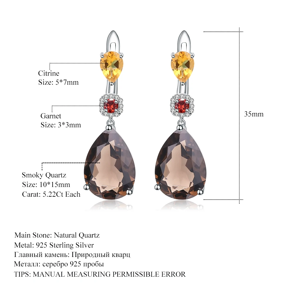GEM\'S BALLET MixGemstones Natural Smoky Quartz Citrine Garnet Earrings 925 Sterling Silver Drop Earrings For Women Fine Jewelry