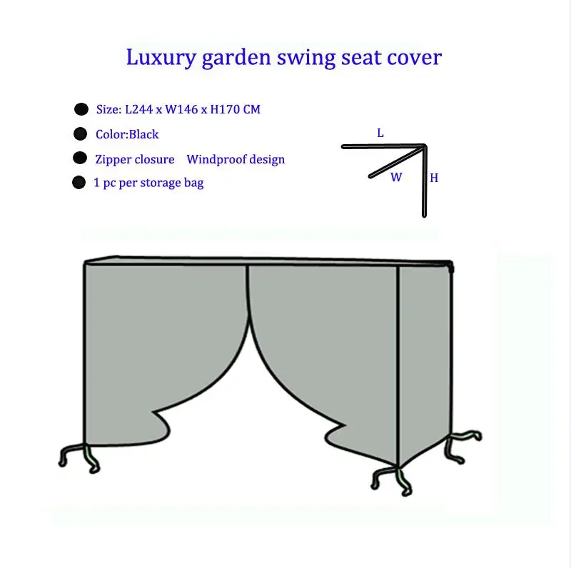 

4 seater Luxury garden swing seat cover,L244XW146XH170CM,Black color,outdoor and home use furniture cover,zipper closure